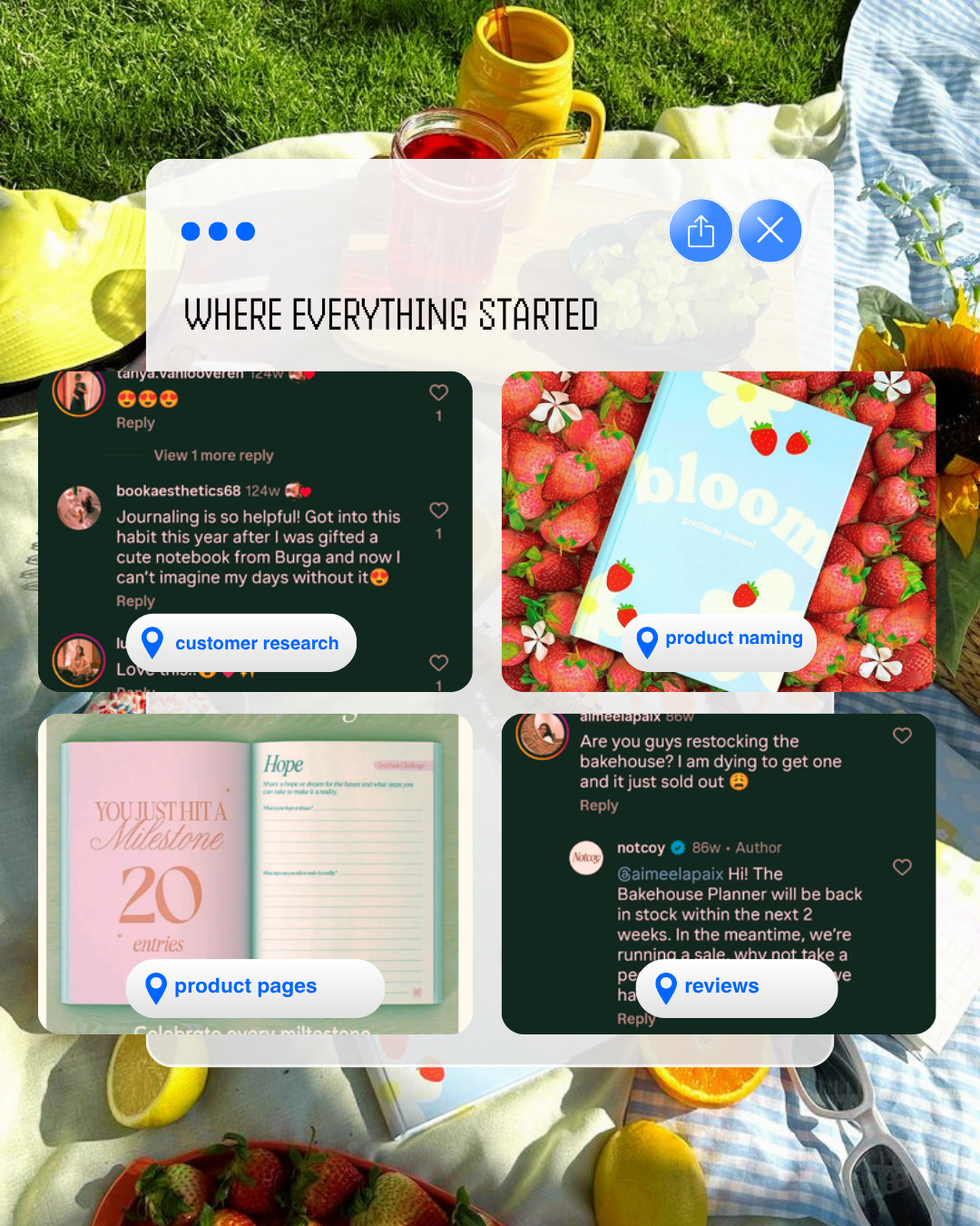 customer research, product pages & reviews.